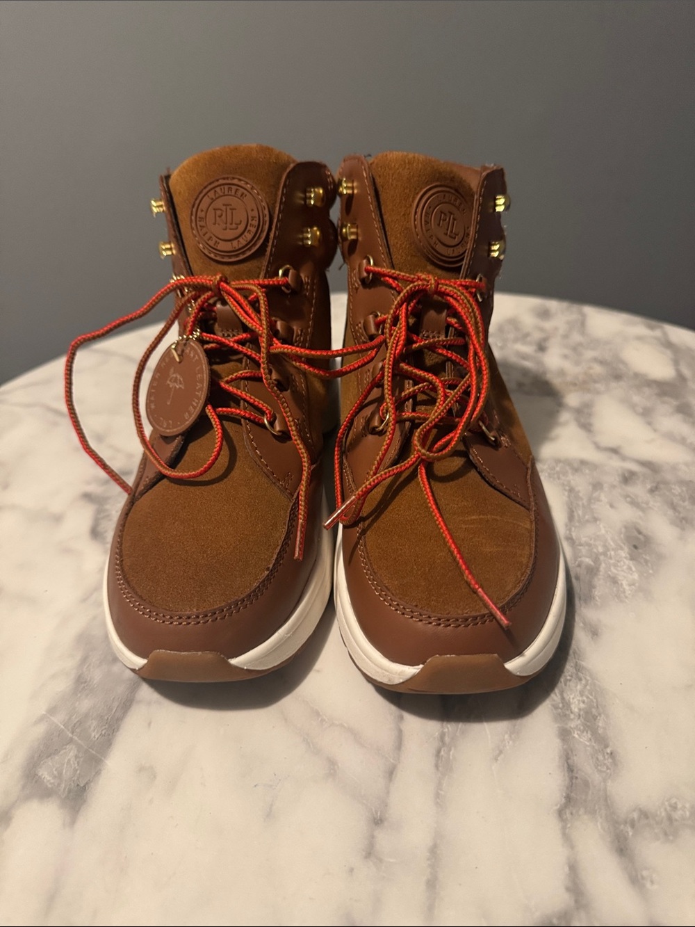 Polo by Ralph Lauren Brown Suede and Leather Lace-Up Boots with Red Laces